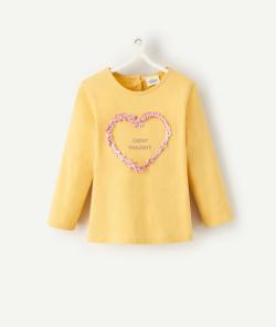 T-shirt bébé fille en coton bio jaune avec coeur en relief - 3 M