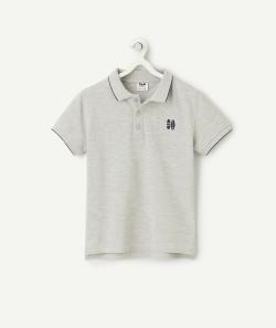 Polo manches courtes garçon en coton bio gris et broderies bleues - 12 A