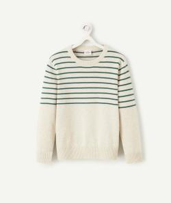 Pull garçon écru chiné à rayures vertes - 12 A