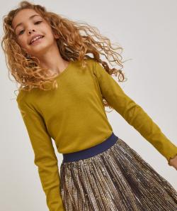 T-shirt manches longues fille en coton bio jaune côtelé - 8 A