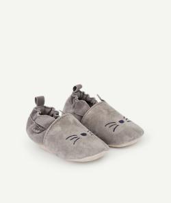 Chaussons en cuir bébé garçon gris avec motif chat - 12-18 M