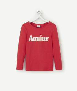 T-shirt fille en coton bio rouge avec message amour pailleté - 14 A