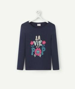 T-shirt fille en coton bio bleu marine avec message et fleurs - 6 A