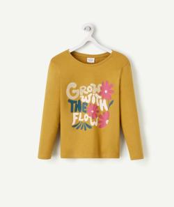 T-shirt fille en coton bio vert olive avec message et fleurs - 8 A