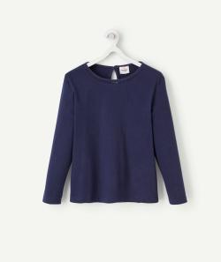T-shirt fille en coton bio bleu marine avec détails ajourés - 12 A