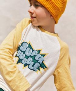 T-shirt garçon en coton bio jaune et blanc message super bubble - 8 A