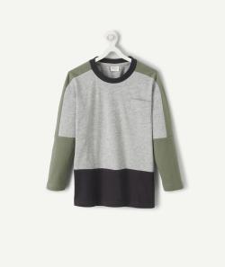 T-shirt garçon en coton bio colorblock gris et kaki avec poche - 2-3 A