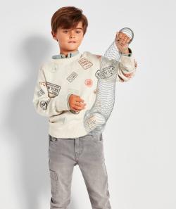 Pull garçon gris clair chiné mprimé timbre de voyage - 14 A