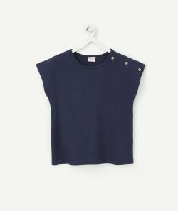 T-shirt fille bleu marine en coton bio avec boutons pailletés - 6 A