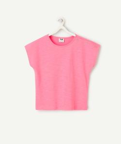T-shirt manches courtes fille en coton bio rose avec boutons - 12 A