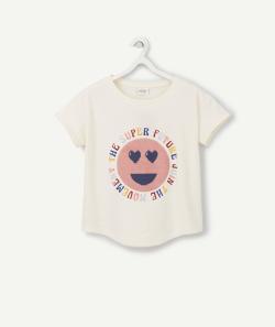 T-shirt fille en coton bio écru avec smiley en sequins et message - 2-3 A