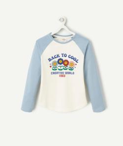 T-shirt fille en coton bio écru et bleu avec motifs fleurs - 5 A