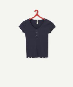 T-shirt fille en coton bio bleu marine côtelé et pressionné - M