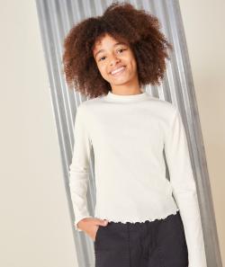 T-shirt à manches longues fille en coton bio blanc côtelé - S