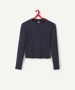 T-shirt à manches longues fille en coton bio bleu marine côtelé - 10 A