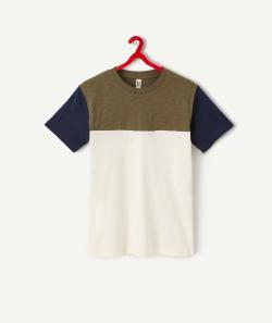T-shirt garçon en coton bio colorblock blanc kaki et bleu - XS