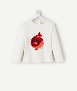 T-shirt bébé fille en coton bio écru avec baleine en bouclette - 12 M