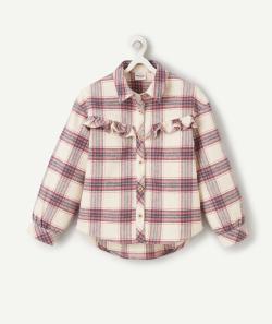 Chemise à carreaux fille écru et rose aux manches oversize - 14 A