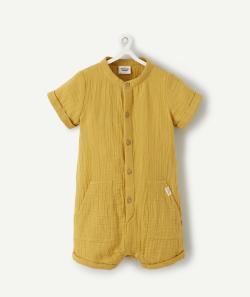 Combishort bébé garçon en gaze de coton jaune au col mao - 3 M
