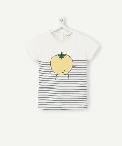 T-shirt bébé fille en coton bio écru rayé et tomate jaune - 6 M