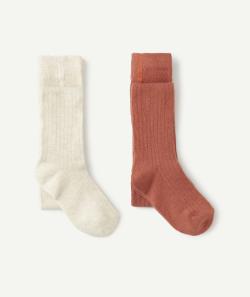 Lot de 2 collants fille en tricot côtelé écru et terracota - 31-34