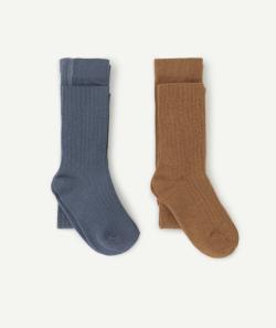 Lot de 2 collants en tricot côtelé fille marron et bleu - 31-34