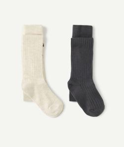 Collants tricot fille côtelés écru et gris foncé - 27-30
