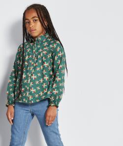 Chemise fille verte en coton et imprimée avec fleurs sourires - 8 A