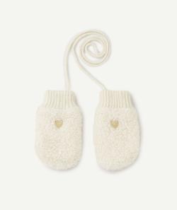 Moufles bébé fille en bouclettes écrues avec coeur - 3-9 M