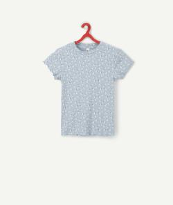 T-shirt fille en coton bio bleu côtelé imprimé fleuri - M