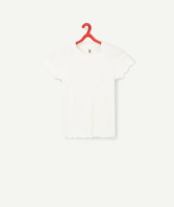 T-shirt fille en coton bio côtelé blanc festonné - XXS