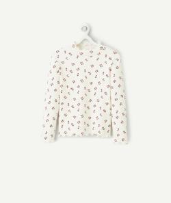 Sous-pull côtelé fille en coton bio blanc fleuri et festons - 6 A