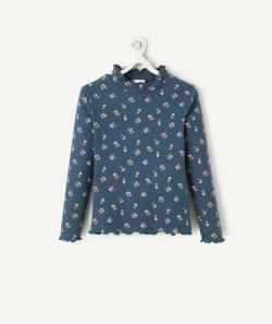 Sous-pull côtelé fille en coton bio bleu fleuri et festons - 5 A