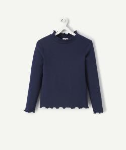 Sous-pull côtelé fille en coton bio marine avec festons - 4 A