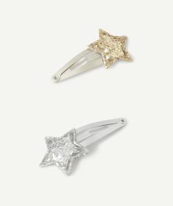 Lot de 2 barrettes bébé fille couleur argentée et dorée avec étoiles - TU