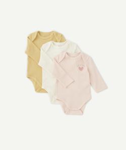 Lot de 3 bodies en coton biologique nid d'abeille rose jaune et écru - 18 M