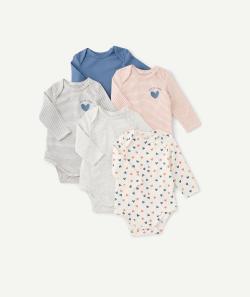 Lot de 5 bodies bébé en coton bio unis et imprimés gris et bleu - 24 M