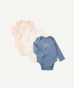 Lot de 3 bodies en coton biologique bleu écru et rose - 9 M
