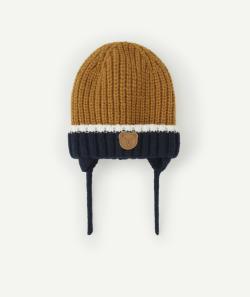 Bonnet tricot bébé garçon en fibres recyclées bleu marine et marron - 3-9 M