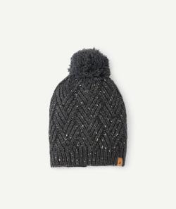 Bonnet tricot garçon en fibres recyclées gris moucheté avec pompon - 2-4 A
