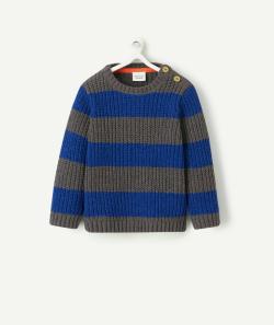 Pull tricot bébé garçon en fibres recyclées rayé gris et bleu - 36 M