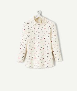 Sous-pull côtelé fille en coton bio écru imprimé fleuri - 12 M