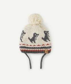 Bonnet tricot bébé garçon en fibres recyclées beige avec motifs et pompon - 3-9 M