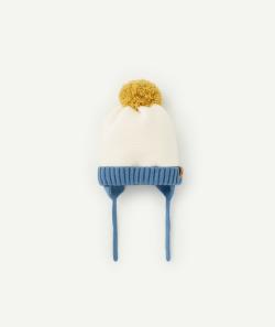 Bonnet bébé garçon avec pompon jaune écru et bleu - 3-9 M