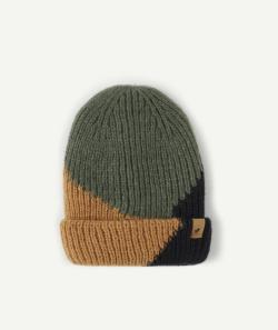 Bonnet garçon en fibres recyclées vert camel et marine - 2-4 A