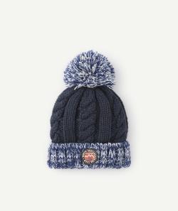 Bonnet tricot garçon en fibres recyclées bleu avec pompon et patch - 6-8 A