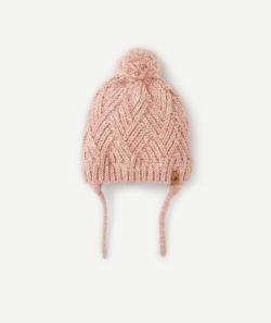 Bonnet bébé fille en maille tressée rose avec pompon - 3-9 M