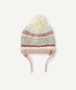 Bonnet tricot bébé fille en fibres recyclées aux détails roses avec pompon - 12-24M