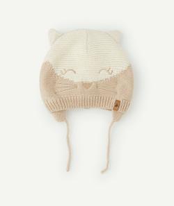 Bonnet chat bébé fille en fibres recyclées beige avec oreilles - 3-9 M
