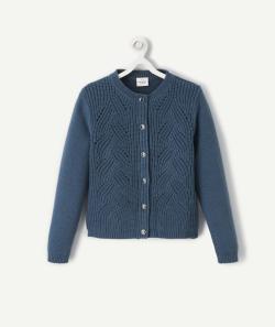 Gilet bleu fille en maille ajourée avec boutons - 12 A